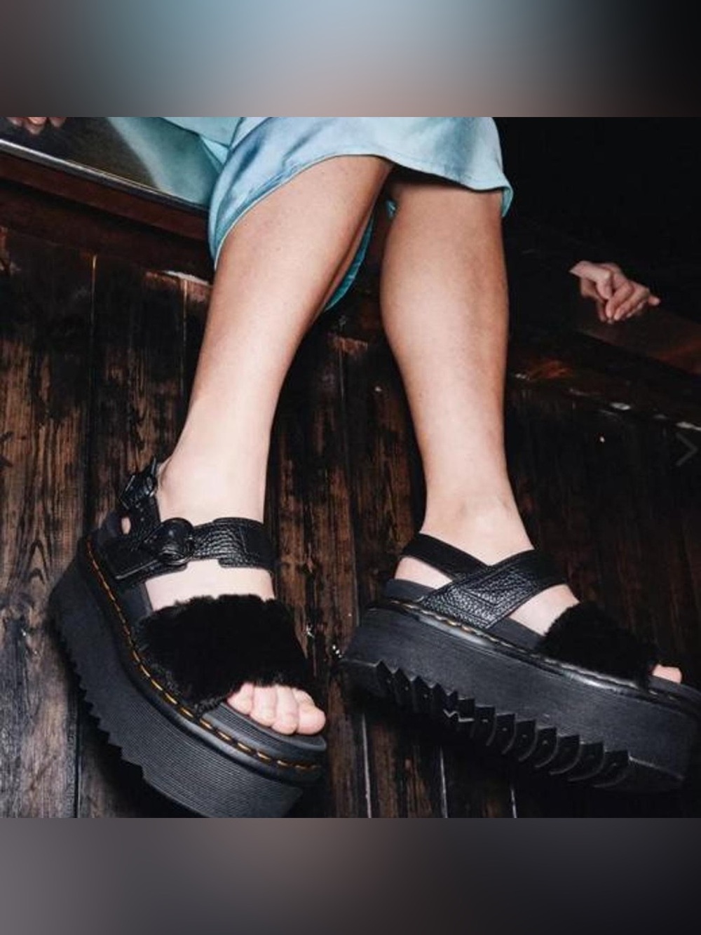 Dr Martens VOSS FLUFFY FAUX FUR PLATFORM SANDALS Black size 9
